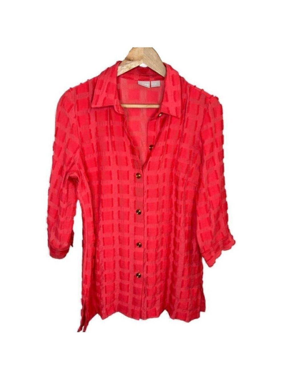 Chico's Women’s Red Coral Textured Button Down Shirt - Size Small